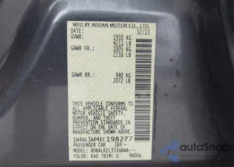 2014 Nissan Altima 2.5/2.5 S/2.5 Sl/2.5 Sv from USA, damaged, VIN 1N4AL3AP4EC198277